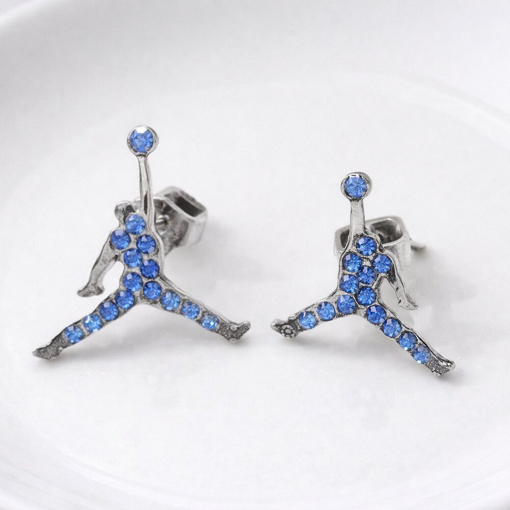 MICHAEL JORDAN SILVER - PLATED PAIR STUD EARRINGS SILVER‎ BLUE JUMPMAN JUMP MAN